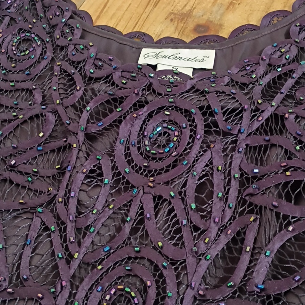 SOULMATES Vintage 2 PC Purple 100% Silk Soutache Beaded Formal Gown w Jacket 2x - Picture 14 of 16
